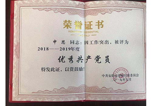 2018-2019年度优秀共产党员荣誉证书